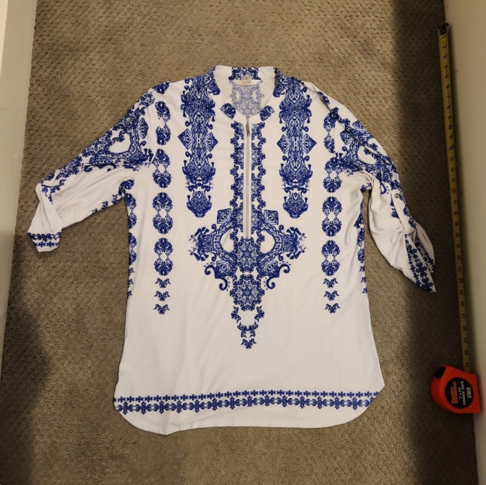 Silky tunic top, stretchy long blouse, Blue Baroque print Large.